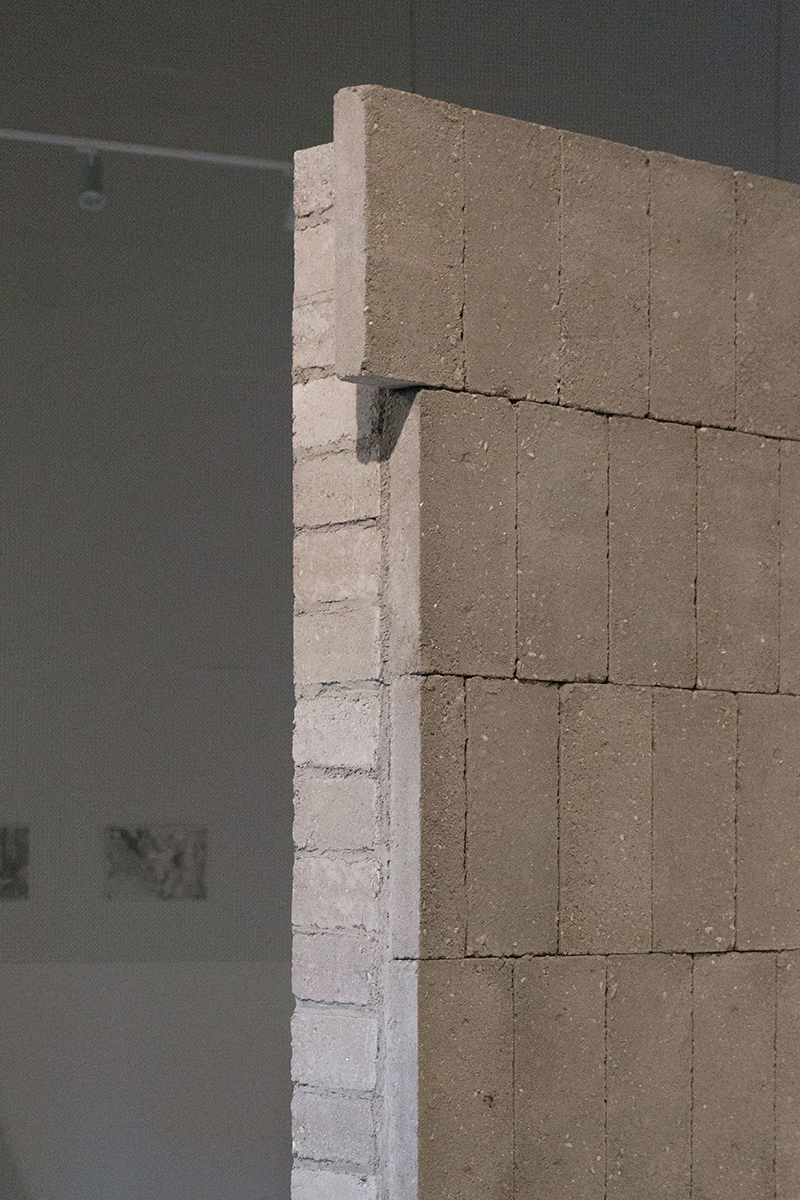 A detail of the wall built from excavation leftovers, featuring compressed earth blocks