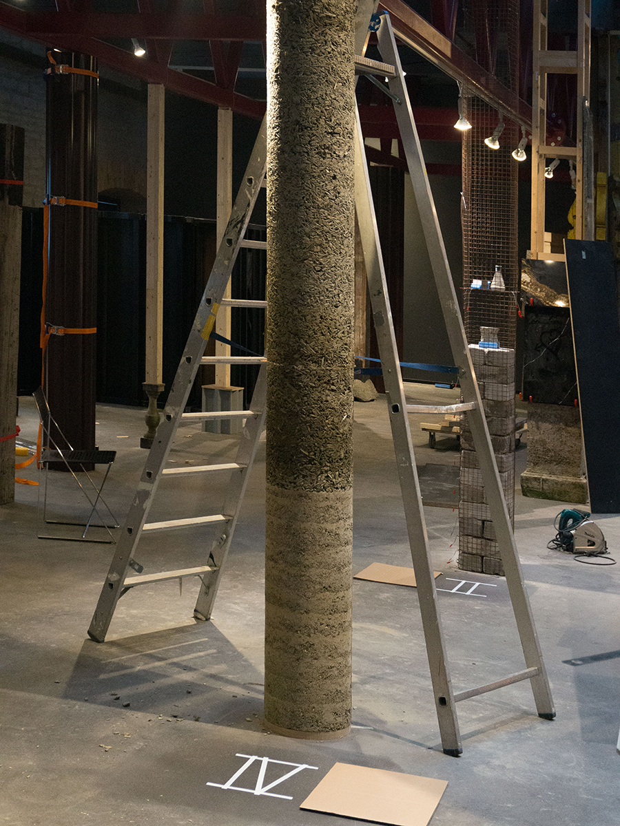 Light clay and rammed earth column during construction