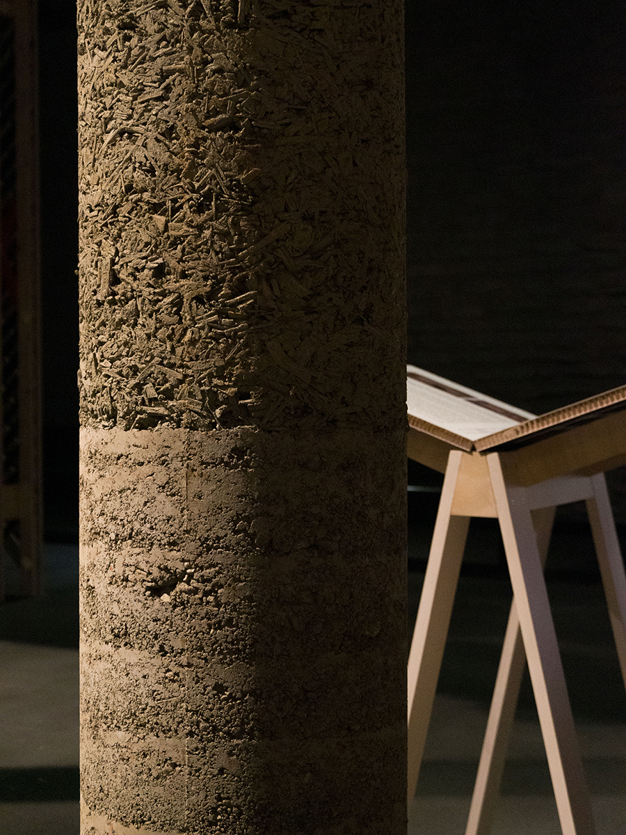 Close-up of a light clay and rammed earth column